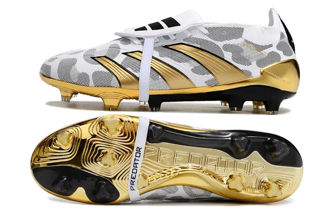Adidas Predator White Gold Metallic Accents Geometric Patterned Upper Firm-Ground Soccer Shoes 6