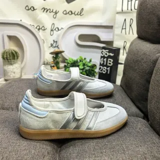 Adidas Samba Beige Blue Laceless Mary Jane Strap Three-Stripe Side Panel Lifestyle Sneakers