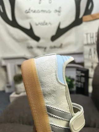 Adidas Samba Beige Blue Laceless Mary Jane Strap Three-Stripe Side Panel Lifestyle Sneakers 3