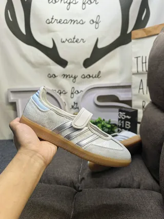 Adidas Samba Beige Blue Laceless Mary Jane Strap Three-Stripe Side Panel Lifestyle Sneakers 5