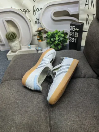 Adidas Samba Beige Blue Laceless Mary Jane Strap Three-Stripe Side Panel Lifestyle Sneakers 6