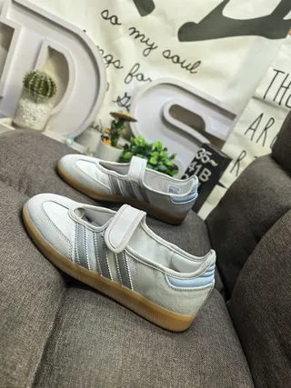 Adidas Samba Beige Blue Laceless Mary Jane Strap Three-Stripe Side Panel Lifestyle Sneakers 7