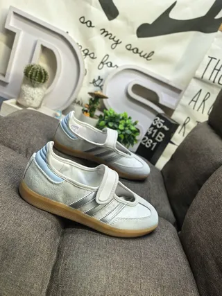 Adidas Samba Beige Blue Laceless Mary Jane Strap Three-Stripe Side Panel Lifestyle Sneakers 9