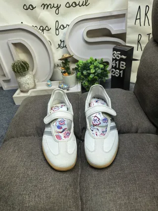 Adidas Samba Beige Blue Laceless Mary Jane Strap Three-Stripe Side Panel Lifestyle Sneakers 10