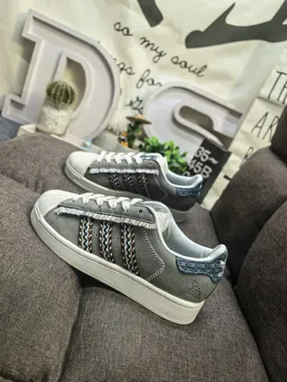 Adidas Superstar Gray Woven Stripe Denim Tab Lifestyle Sneakers 7