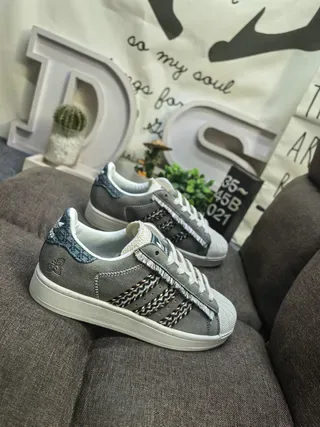 Adidas Superstar Gray Woven Stripe Denim Tab Lifestyle Sneakers 9