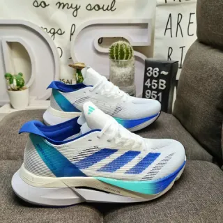 Adidas Blanco Azul Parte Superior de Malla Ingenierada Tres Rayas Laterales Marcas Zapatos de Running