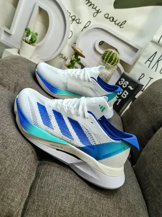 Adidas Blanco Azul Parte Superior de Malla Ingenierada Tres Rayas Laterales Marcas Zapatos de Running 7