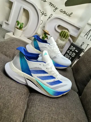 Adidas Blanco Azul Parte Superior de Malla Ingenierada Tres Rayas Laterales Marcas Zapatos de Running 9
