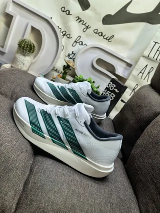 Adidas White Green Lightweight Engineered Mesh Upper Perforated Three-Stripe Overlay Running Shoes 7