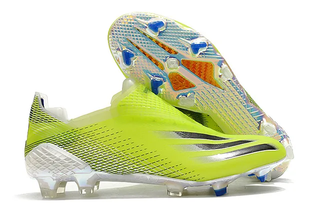 Adidas Chaussures de football Jaune Bleu Bas Collet chaussette Iridescent Holographique Plaque de semelle Sol ferme 9