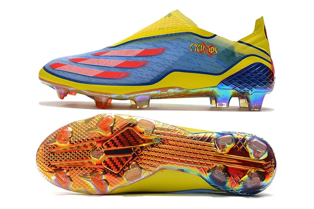 Adidas Chaussures de football Jaune Bleu Bas Collet chaussette Iridescent Holographique Plaque de semelle Sol ferme 14