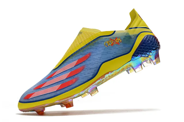 Adidas Chaussures de football Jaune Bleu Bas Collet chaussette Iridescent Holographique Plaque de semelle Sol ferme 16