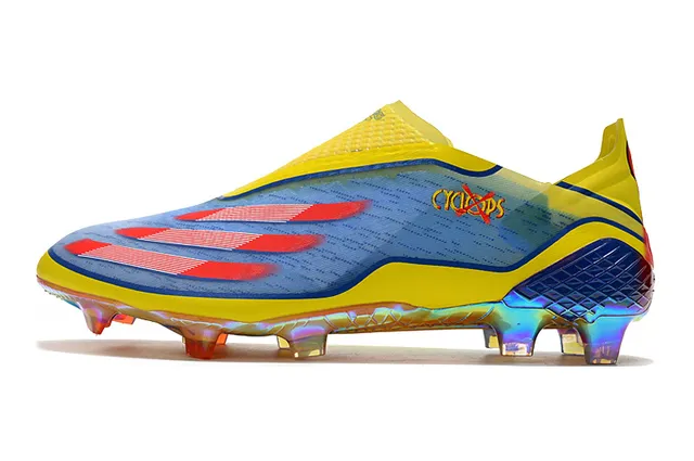 Adidas Chaussures de football Jaune Bleu Bas Collet chaussette Iridescent Holographique Plaque de semelle Sol ferme 17