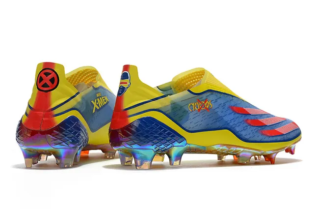 Adidas Chaussures de football Jaune Bleu Bas Collet chaussette Iridescent Holographique Plaque de semelle Sol ferme 19