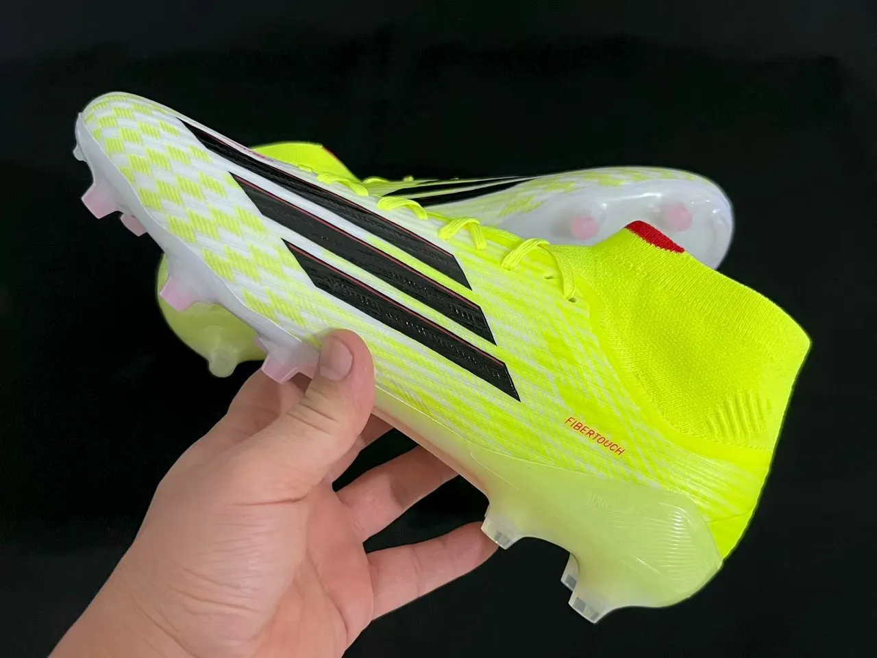 Adidas Yellow White High-Cut Sock-Fit Upper Neon And Checkered Pattern Firm-Ground Soccer Shoes 4