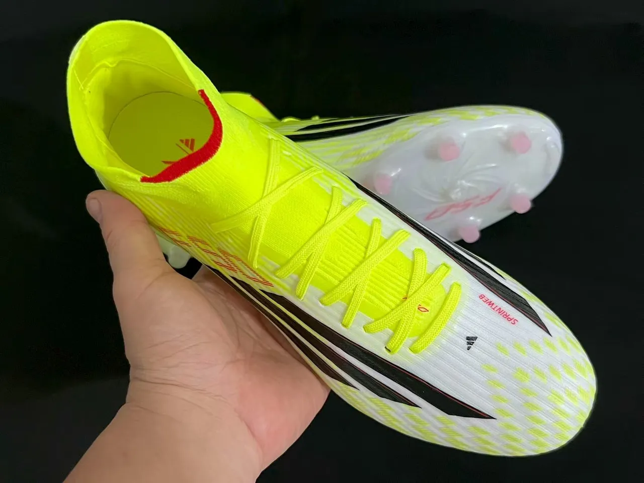 Adidas Yellow White High-Cut Sock-Fit Upper Neon And Checkered Pattern Firm-Ground Soccer Shoes 5