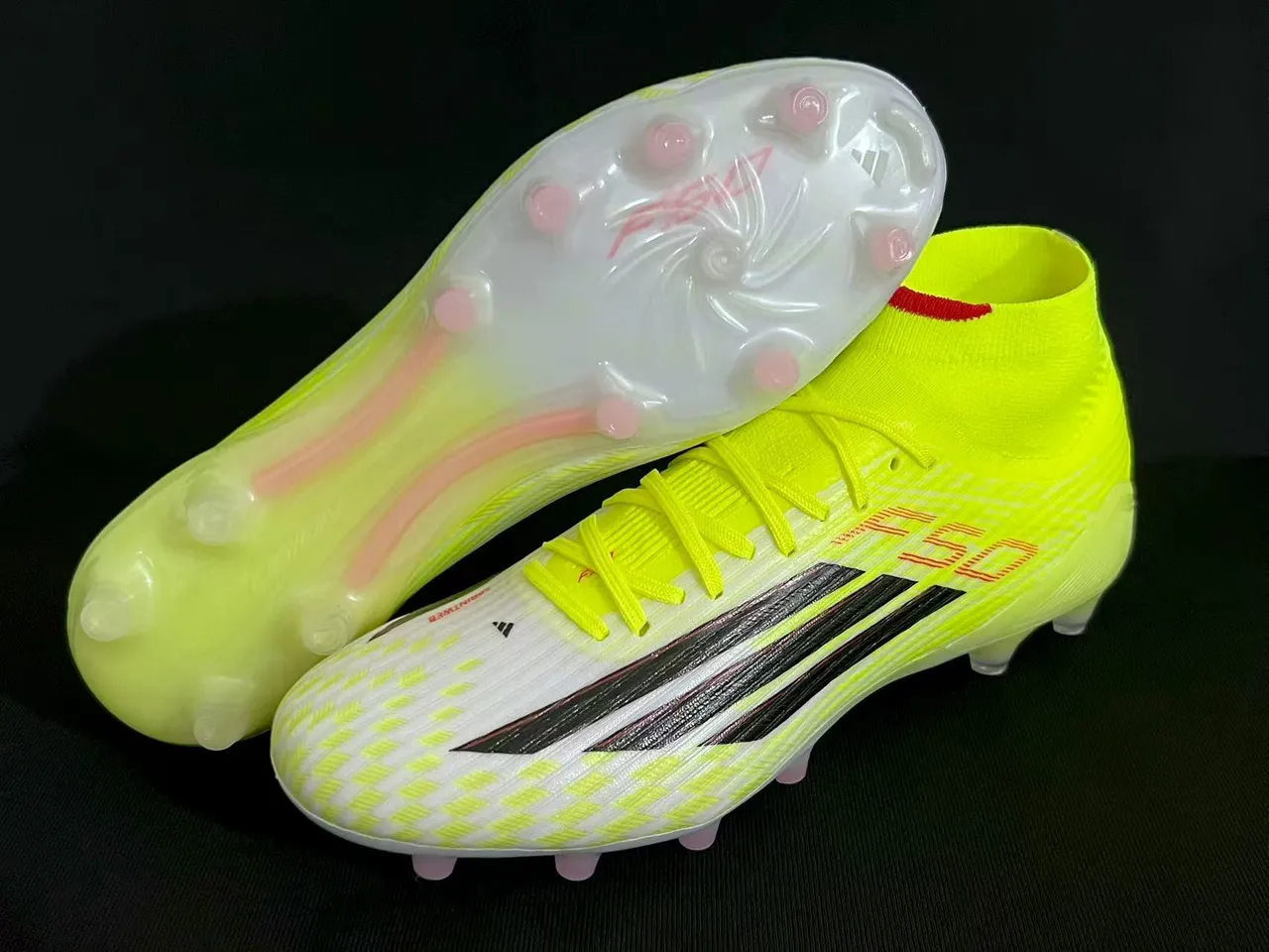 Adidas Yellow White High-Cut Sock-Fit Upper Neon And Checkered Pattern Firm-Ground Soccer Shoes 7