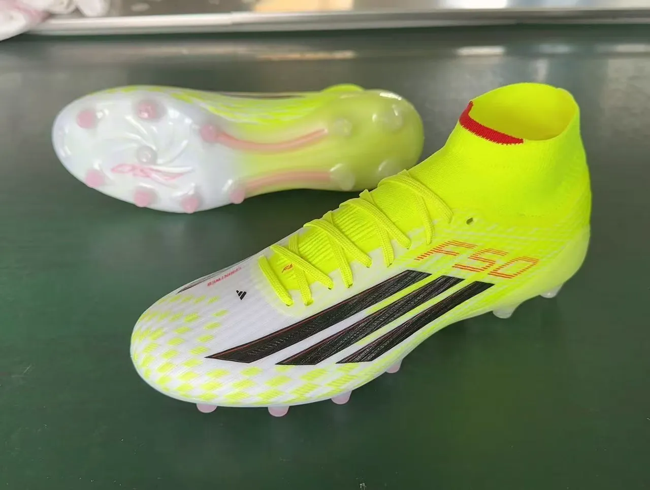 Adidas Yellow White High-Cut Sock-Fit Upper Neon And Checkered Pattern Firm-Ground Soccer Shoes 10