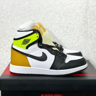 Air Jordan 1 High White Black Mustard Neon Yellow Basketball Shoes