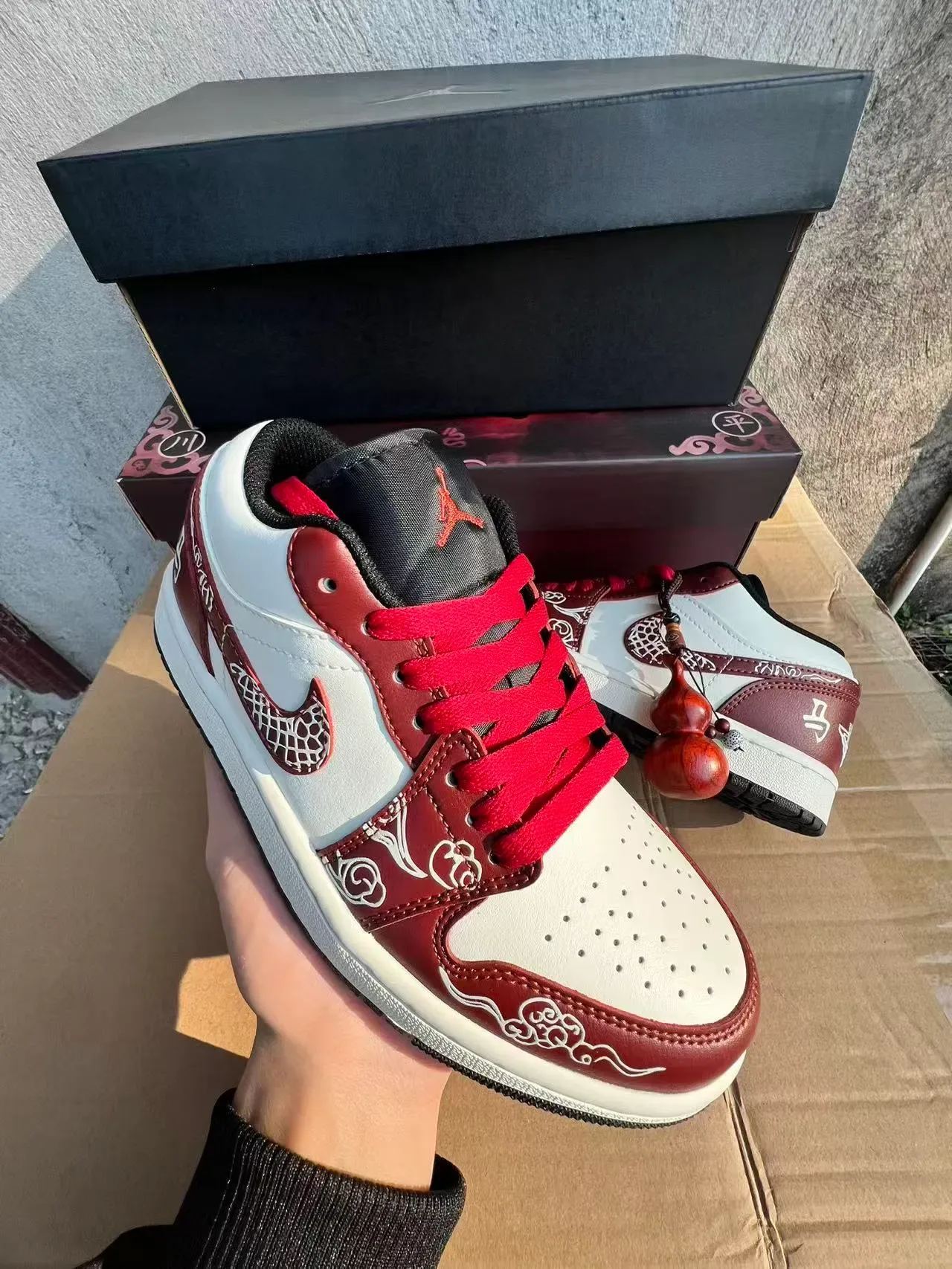 Air Jordan 1 Low Red and White Embroidered Cloud Motif Lifestyle Sneakers 2