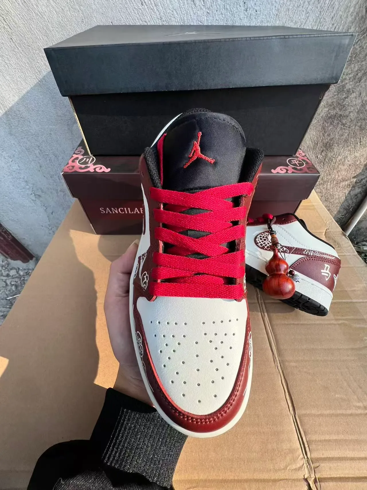 Air Jordan 1 Low Red and White Embroidered Cloud Motif Lifestyle Sneakers 3