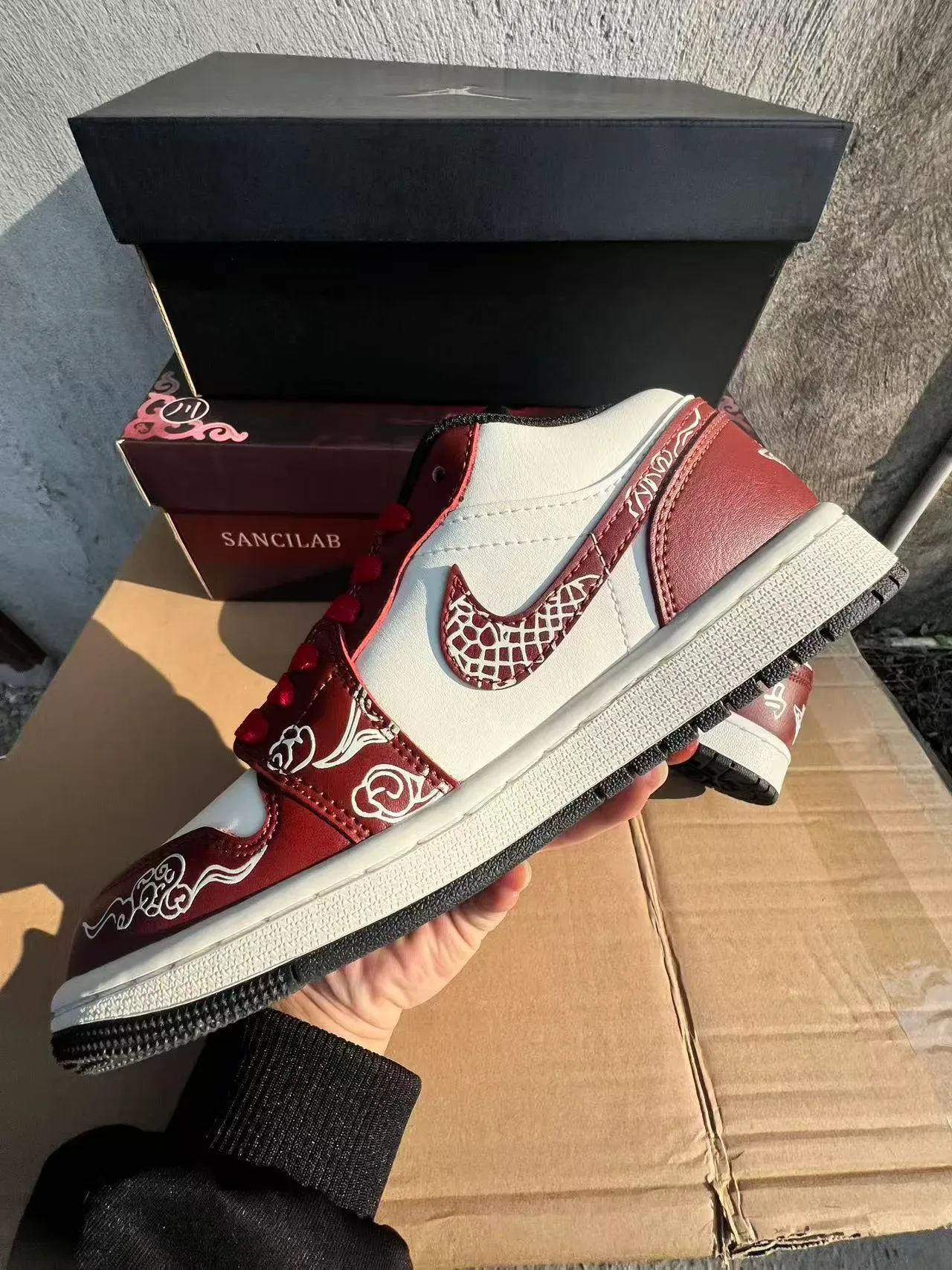 Air Jordan 1 Low Red and White Embroidered Cloud Motif Lifestyle Sneakers 5