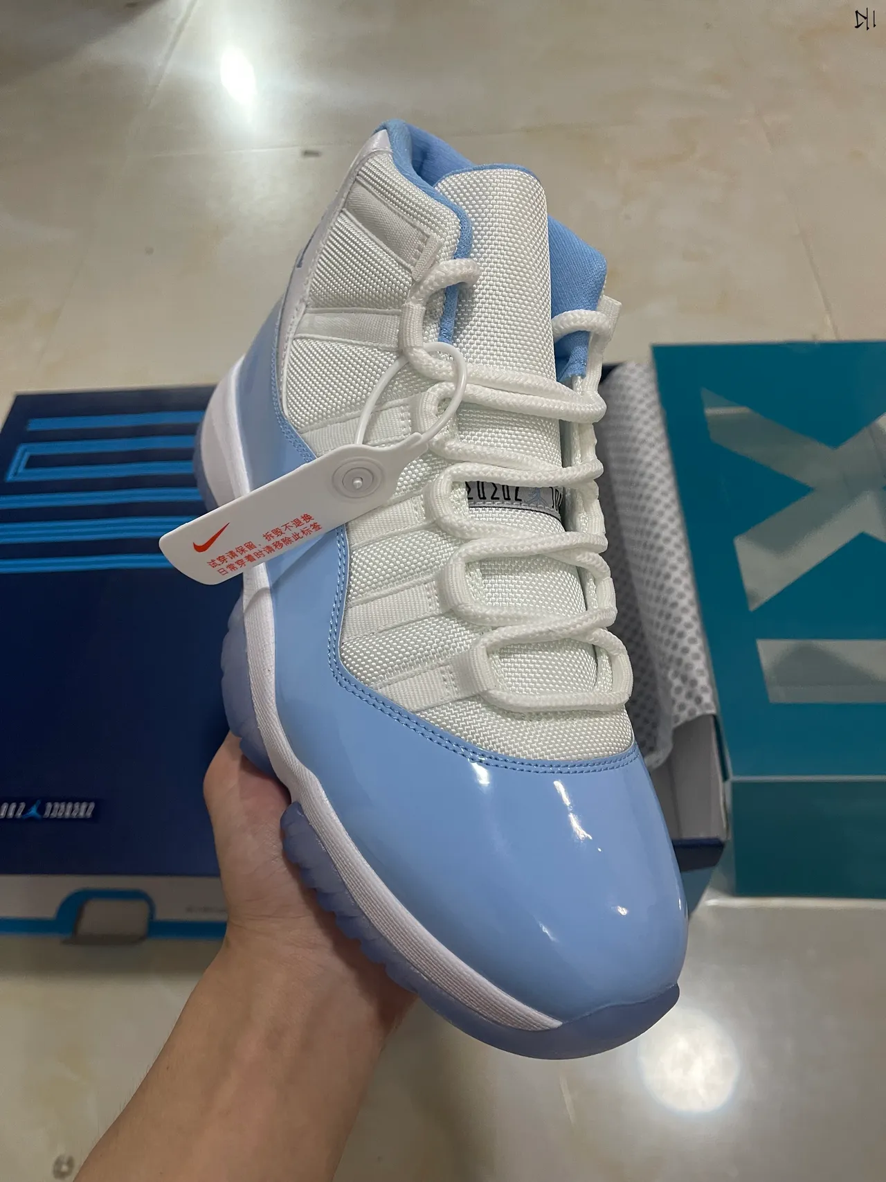 Air Jordan 11 White and Light Blue Patent Leather Basketball Shoes 3