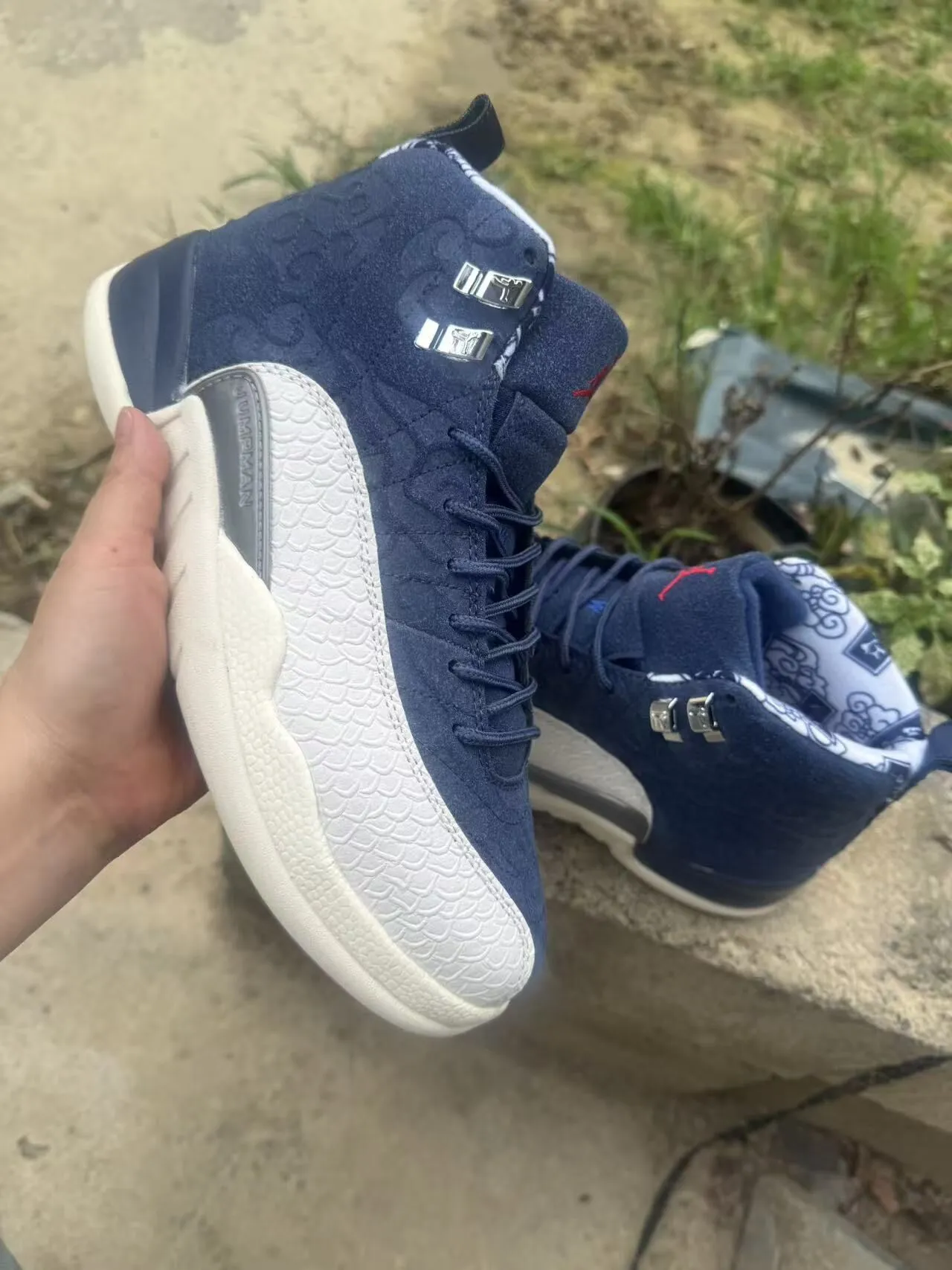 Air Jordan 12 Navy Blue White Red Basketball Shoes 2