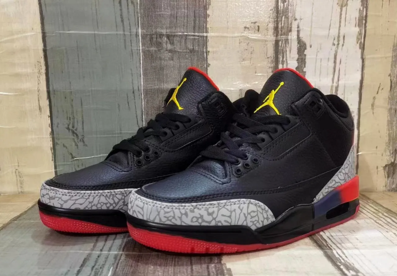 Air Jordan 3 Black Cement Red Yellow Basketball Shoes 2