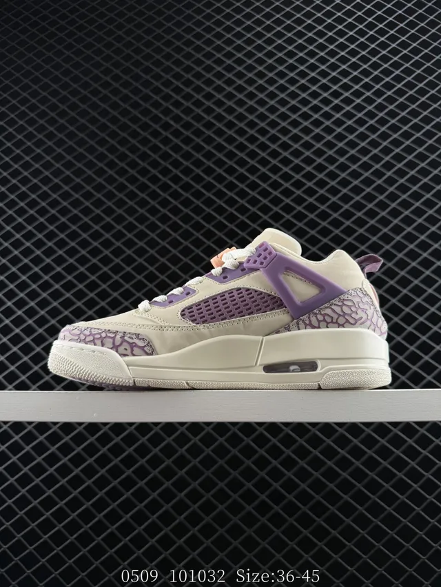 Tênis de basquete Air Jordan 4 Low bege e roxo com estampa de elefante 6