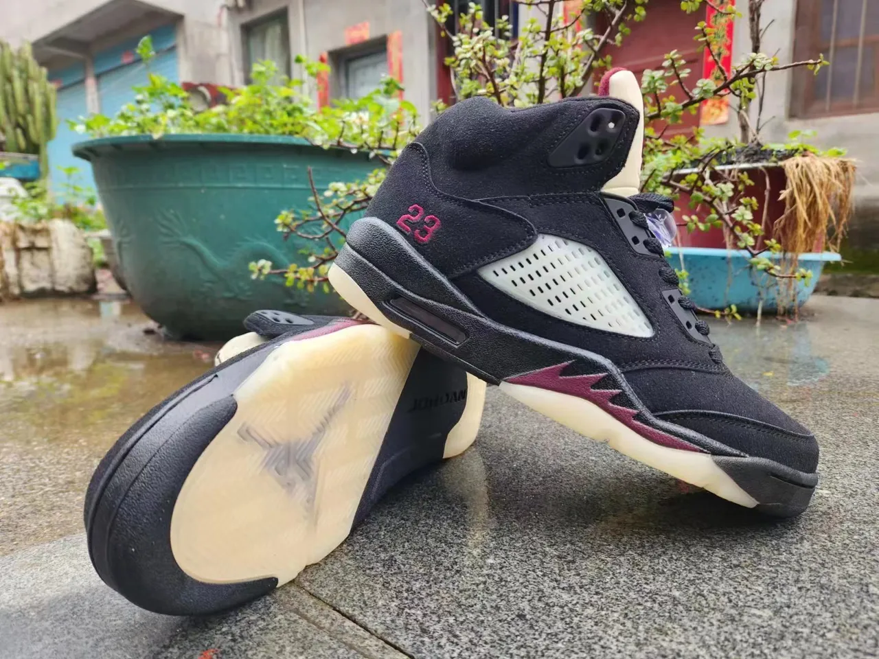 Air Jordan 5 Black Maroon Cream Basketball Shoes 2