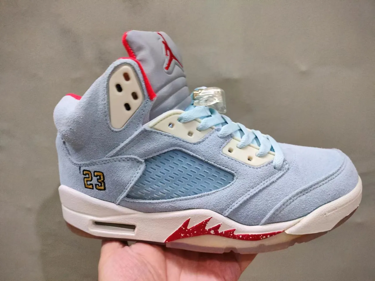 Air Jordan 5 Light Gray Cream Red Gold Basketball Shoes 6