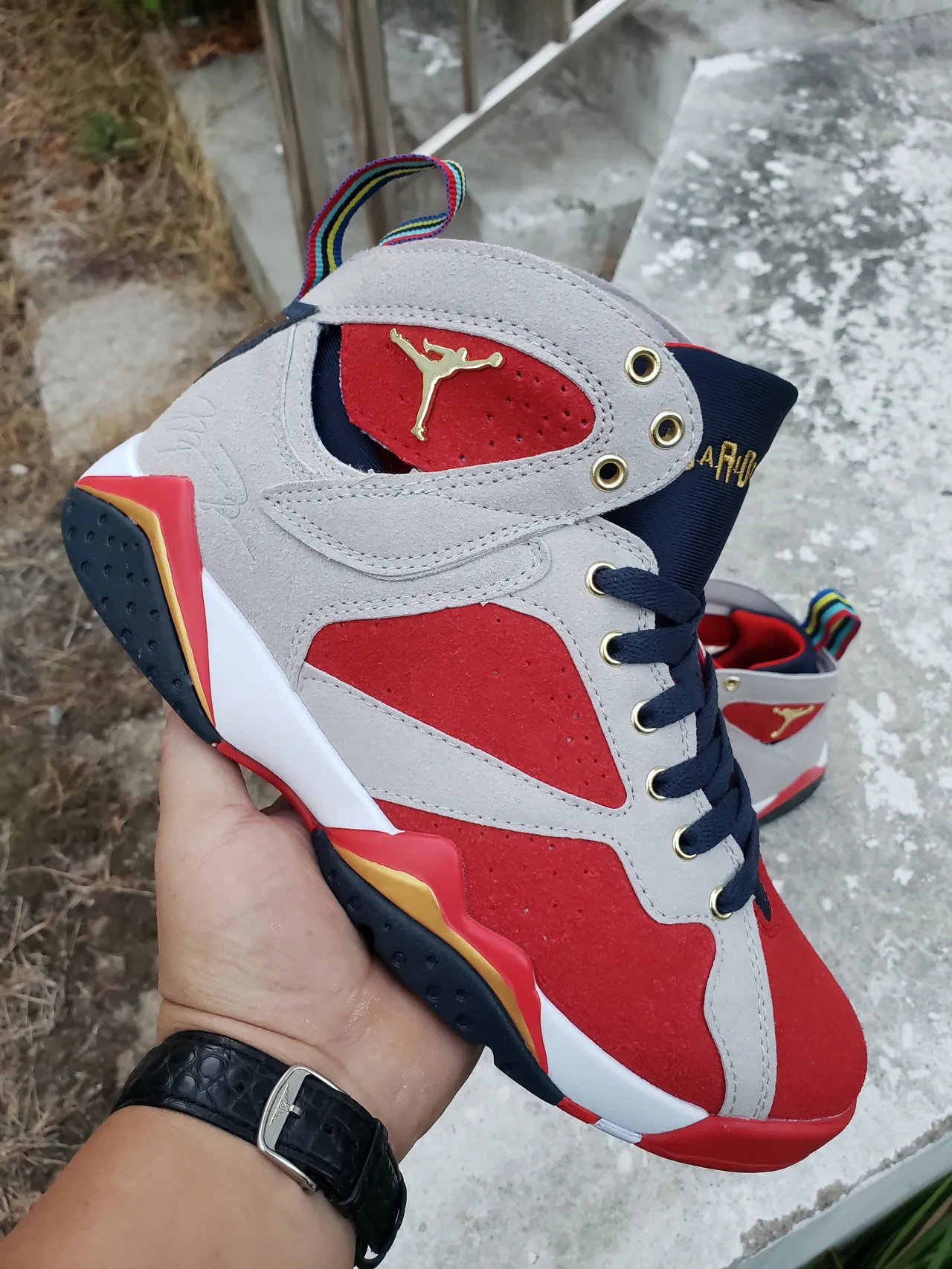 Air Jordan 7 Red Gray Navy Gold Basketball Shoes 2