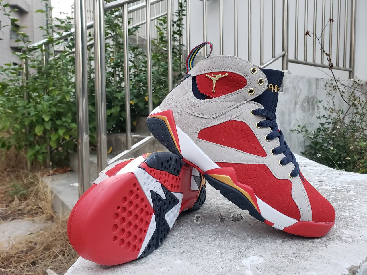Air Jordan 7 Red Gray Navy Gold Basketball Shoes 4