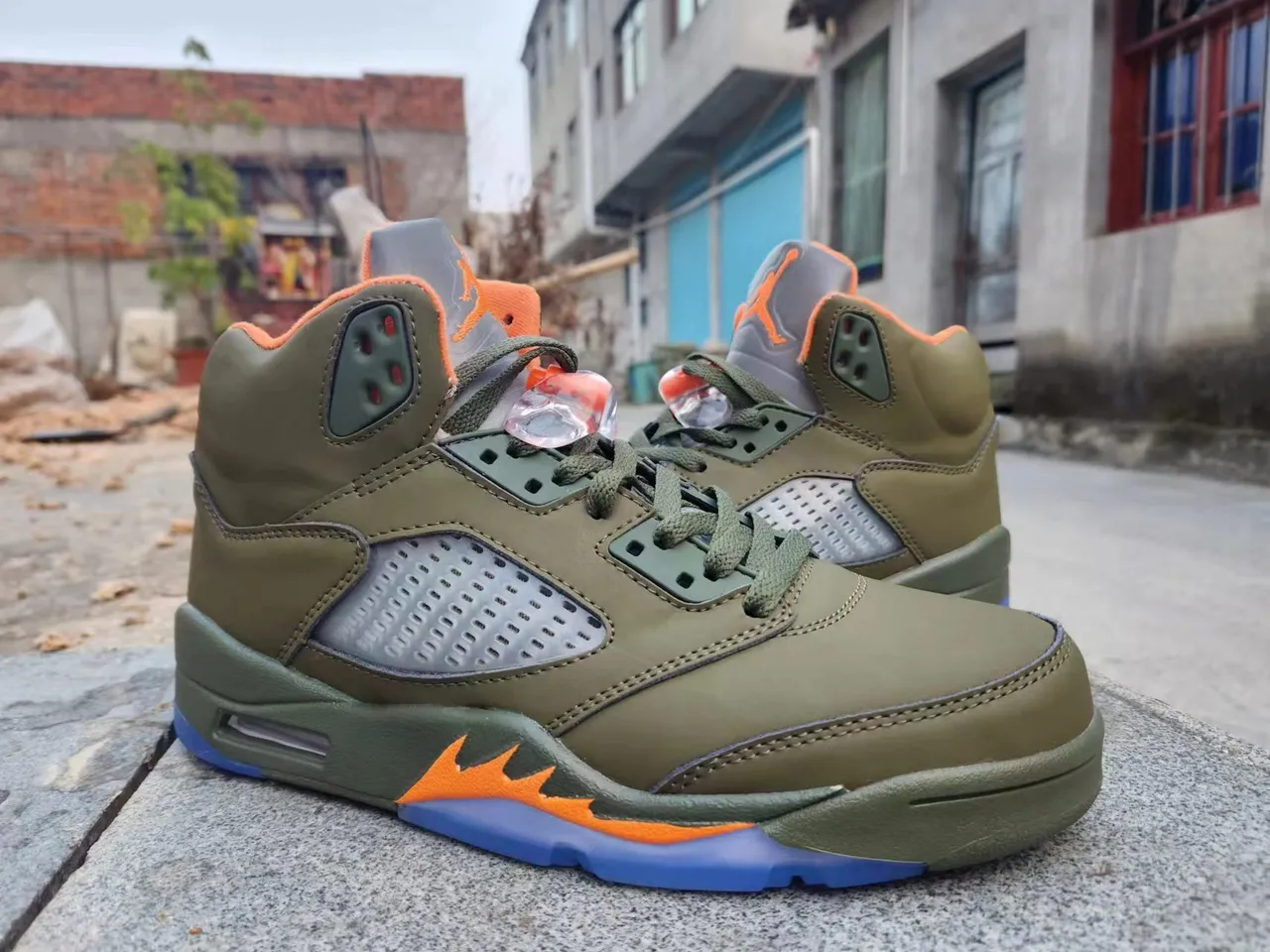 Air Jordan Army Green Orange High-Top Silhouette Olive Leather Upper Basketball Shoes 2