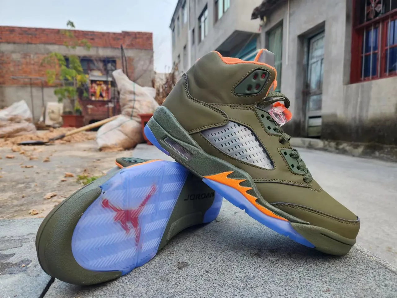 Air Jordan Army Green Orange High-Top Silhouette Olive Leather Upper Basketball Shoes 3