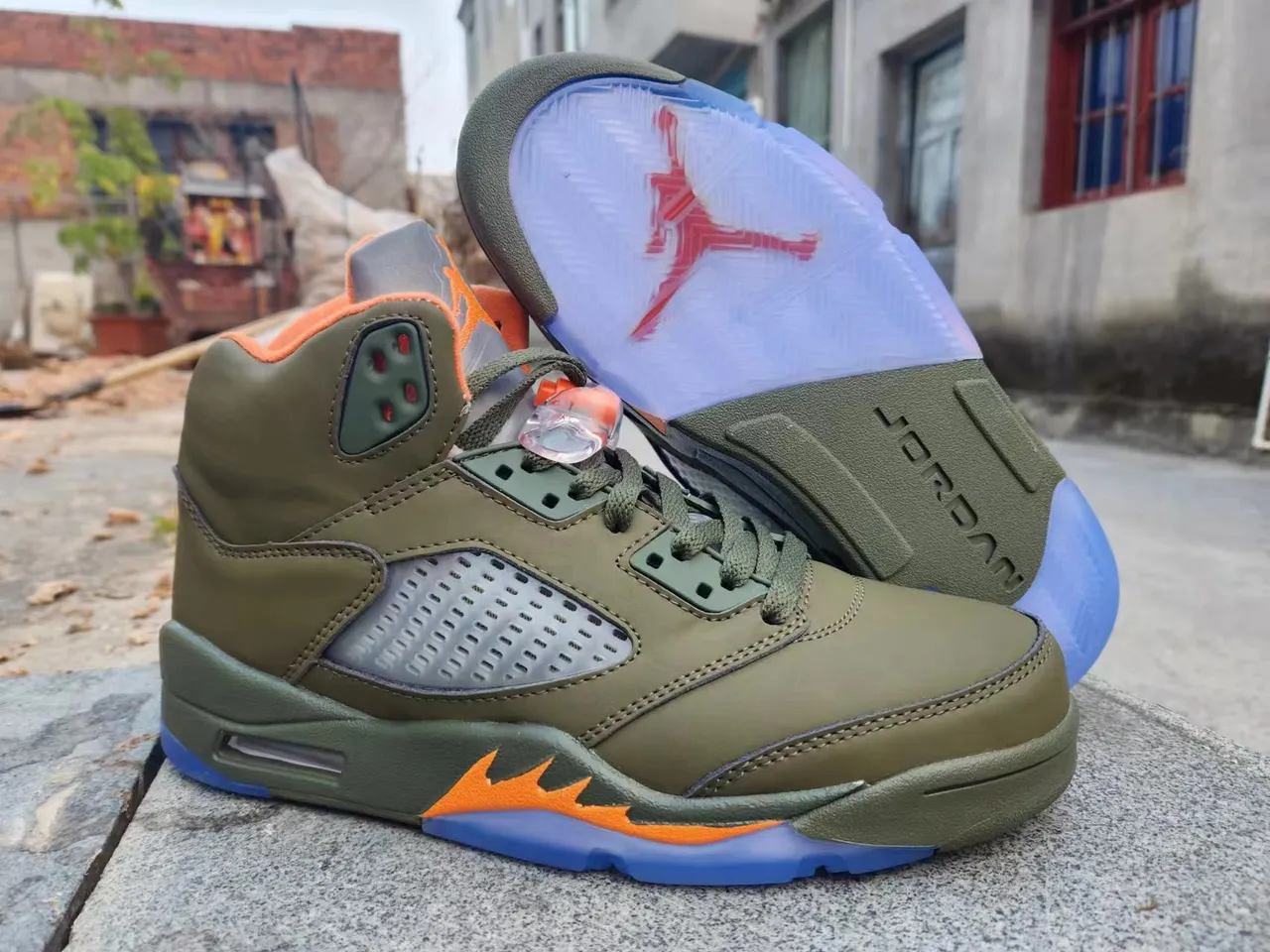 Air Jordan Army Green Orange High-Top Silhouette Olive Leather Upper Basketball Shoes 4