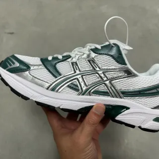 ASICS White Green Mesh Upper Metallic Silver Cage Running Shoes
