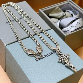 Balenciaga BB Dagger Silver Braided Curb Chain Ornate Monogram Pendant Necklace