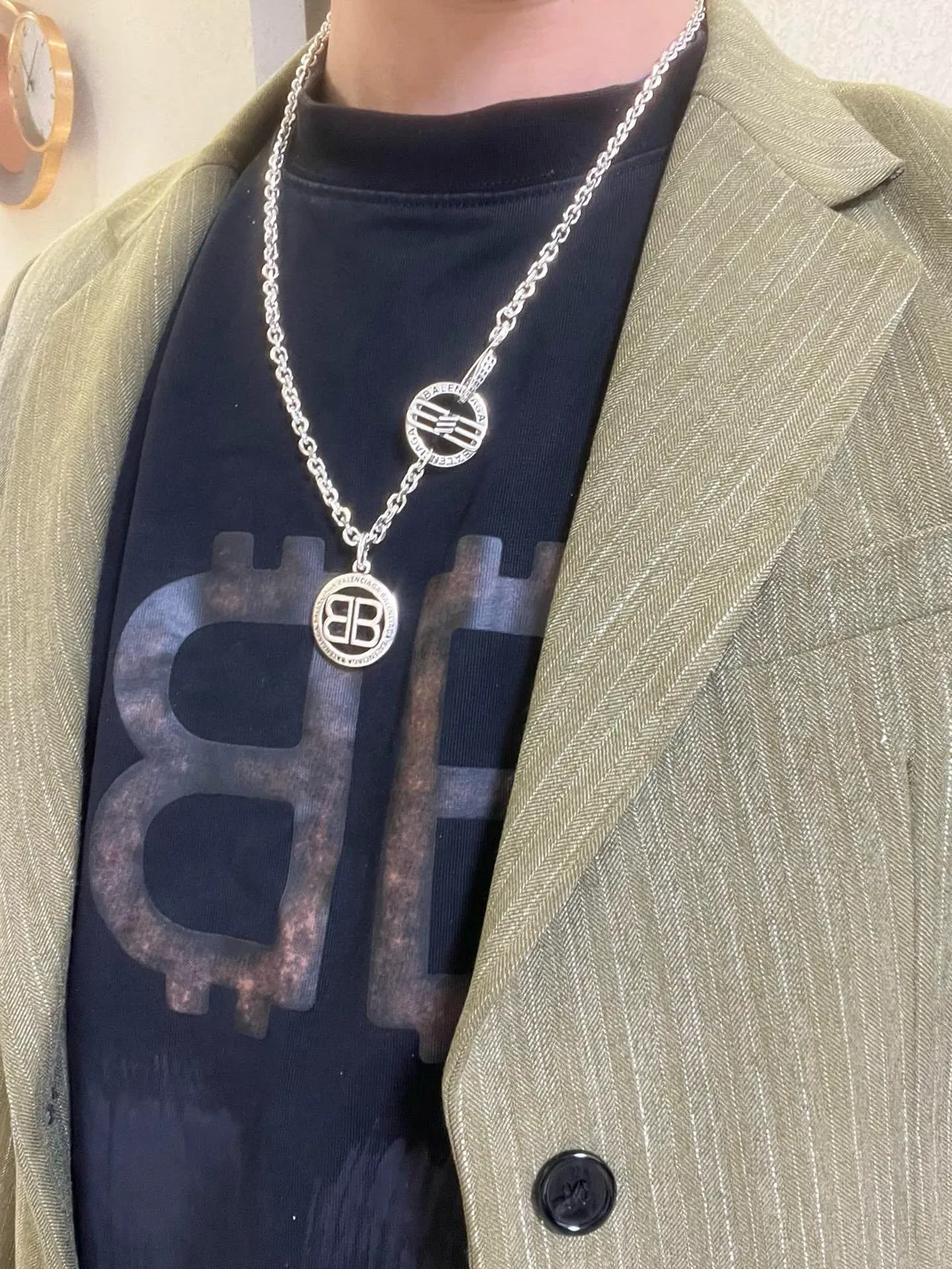 Balenciaga BB Necklace Silver Chain Link Dual Circular Pendants Necklace 2