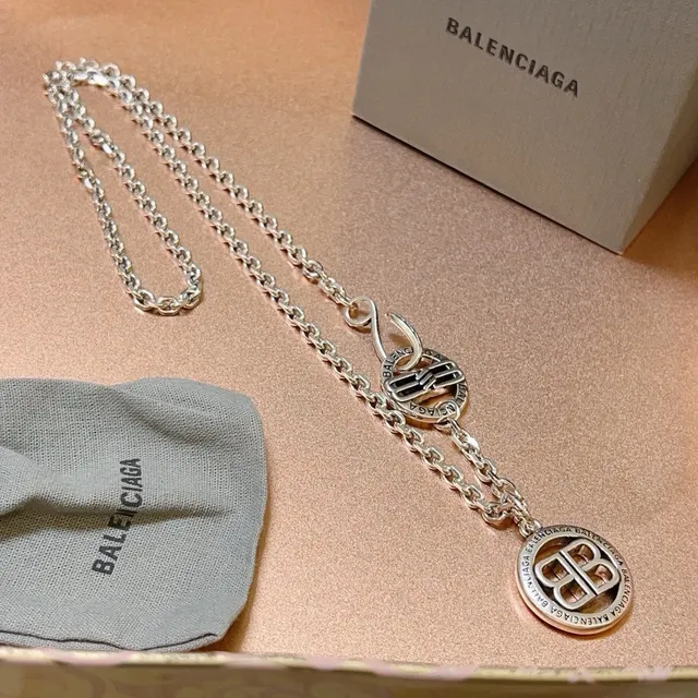 Balenciaga BB Necklace Silver Chain Link Dual Circular Pendants Necklace 3