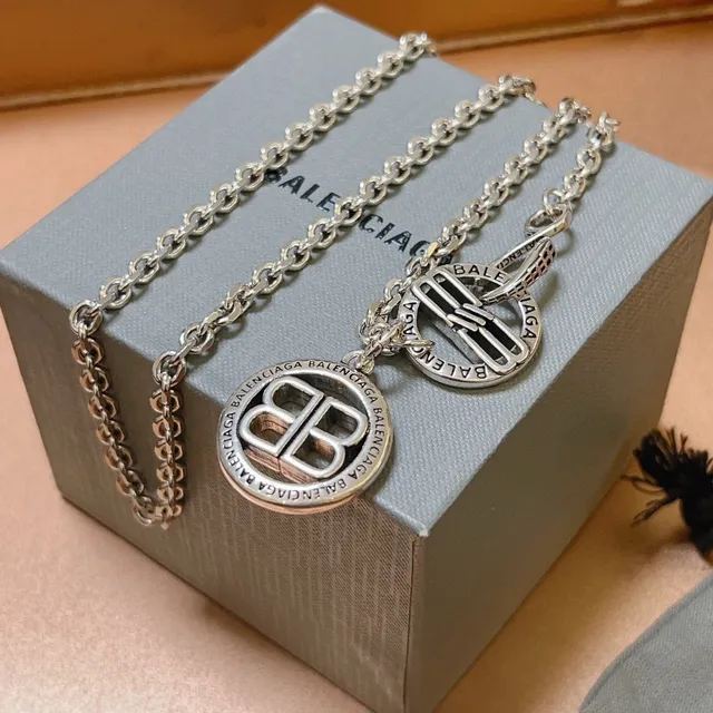 Balenciaga BB Necklace Silver Chain Link Dual Circular Pendants Necklace 4