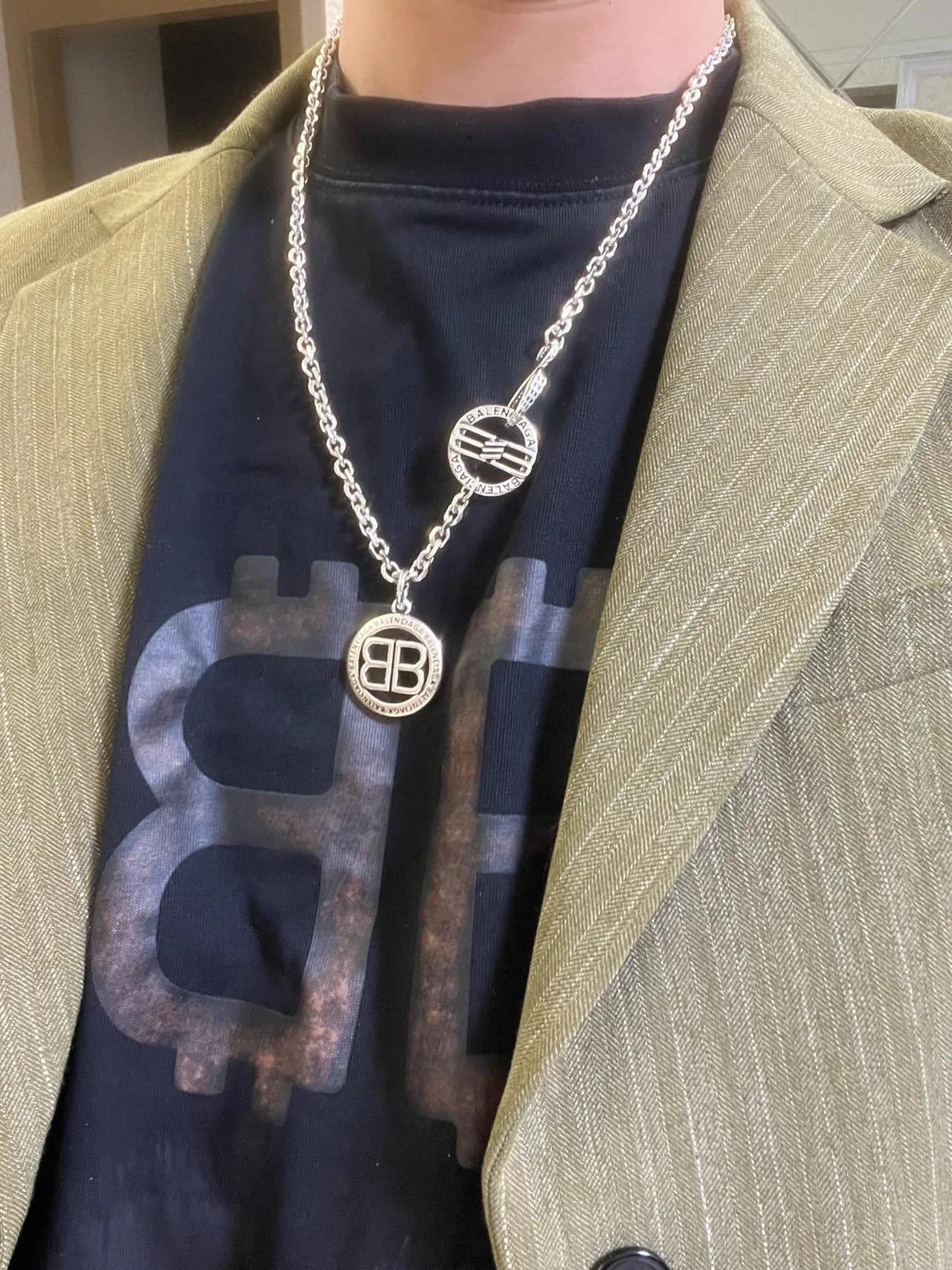 Balenciaga BB Necklace Silver Chain Link Dual Circular Pendants Necklace 5