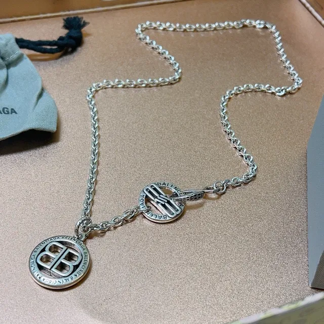 Balenciaga BB Necklace Silver Chain Link Dual Circular Pendants Necklace 7