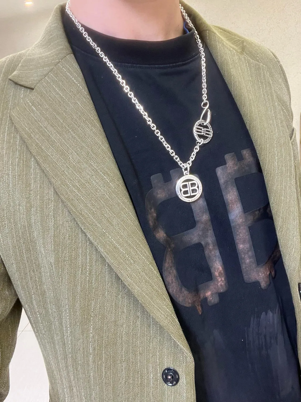 Balenciaga BB Necklace Silver Chain Link Dual Circular Pendants Necklace 8