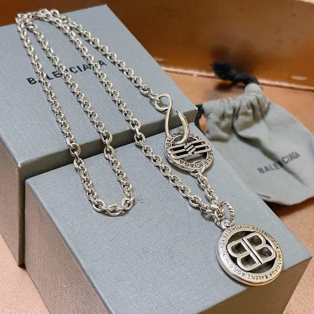 Balenciaga BB Necklace Silver Chain Link Dual Circular Pendants Necklace 9