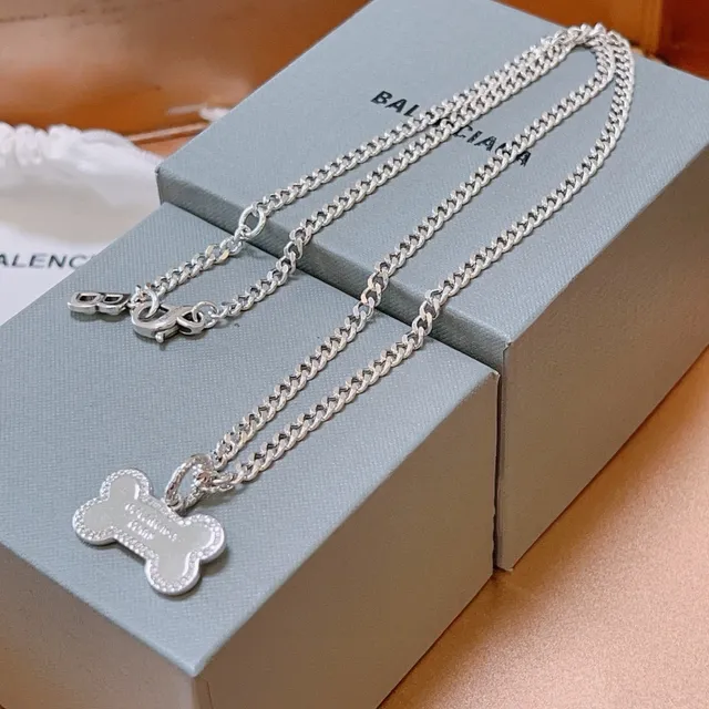 Balenciaga Bone Pendant and B Charm Silver Necklace 3