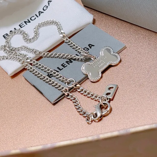 Balenciaga Bone Pendant and B Charm Silver Necklace 4