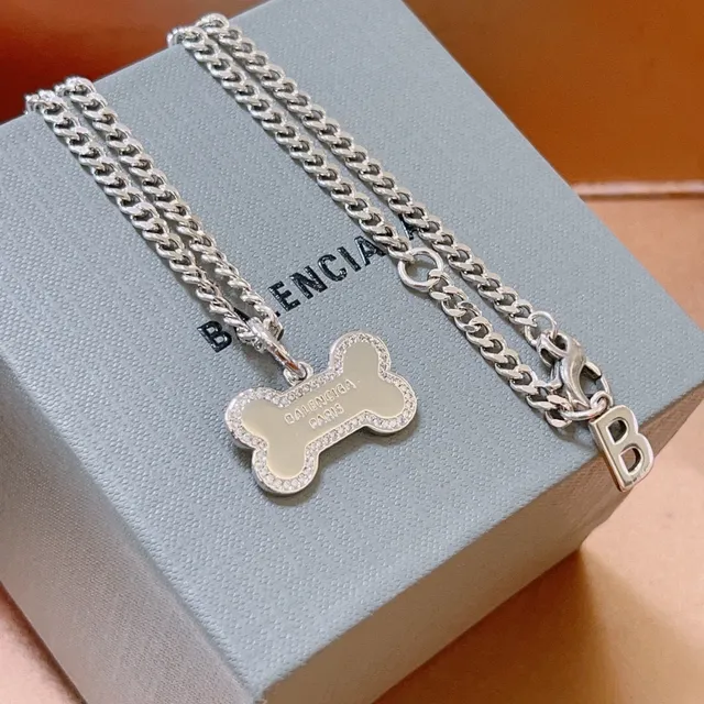 Balenciaga Bone Pendant and B Charm Silver Necklace 7